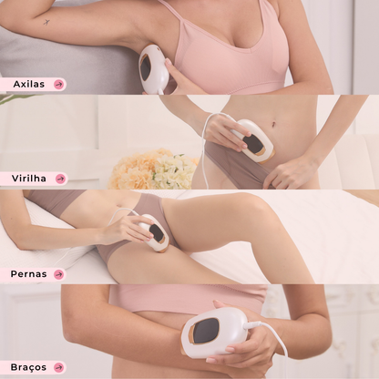 Uso do Lumina nas axilas, linha do biquíni, pernas e braços – depilação IPL segura e eficaz para o corpo inteiro.