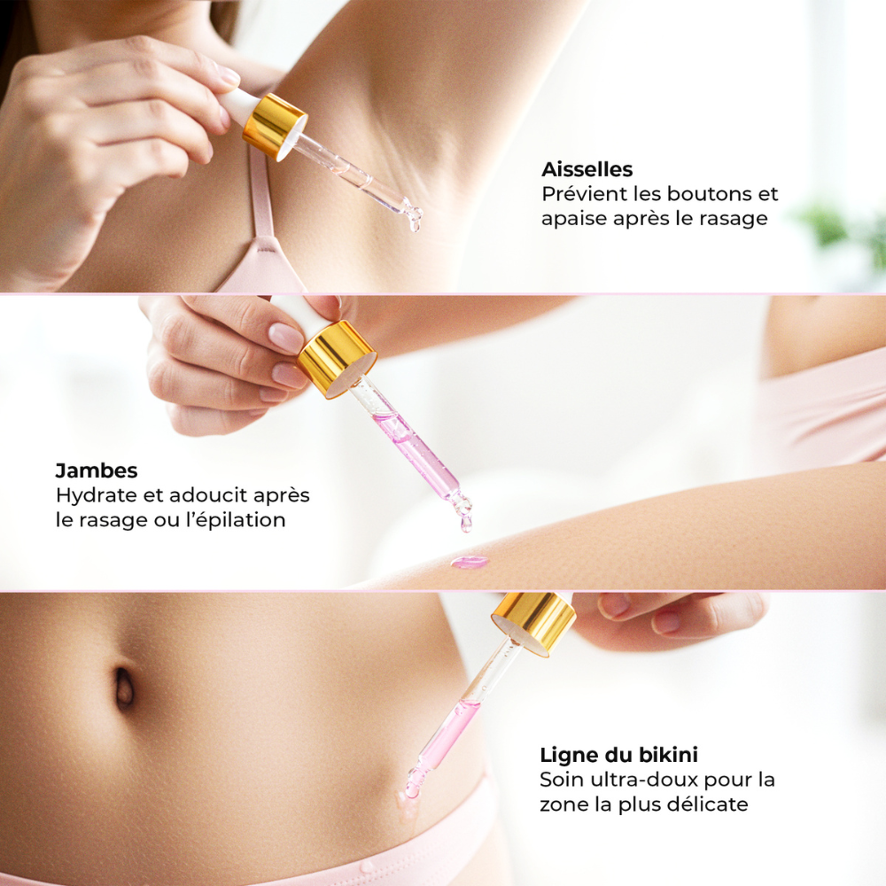 Application de l’huile après-rasage Silky Balloon LumiSilk sur les aisselles, jambes et ligne du bikini.