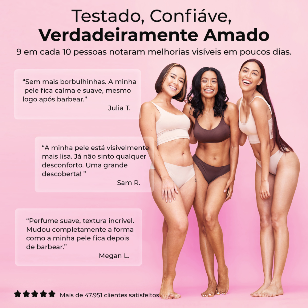 Mulheres satisfeitas com o óleo pós-barba Silky Balloon da Lumisilk, com depoimentos sobre pele mais suave, sem borbulhas e visivelmente melhor.