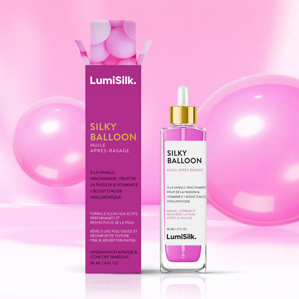Visuel créatif de l’huile après-rasage LumiSilk Silky Balloon avec bulles roses - Soin apaisant post-épilation.