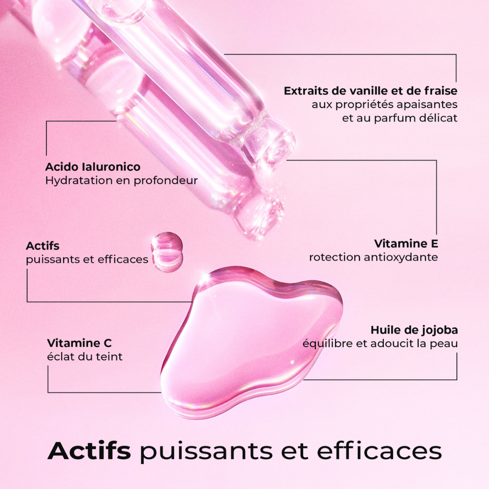 Actifs de l’huile LumiSilk : vanille, fraise, acide hyaluronique, vitamines C et E, huile de jojoba - Soin post-épilation.