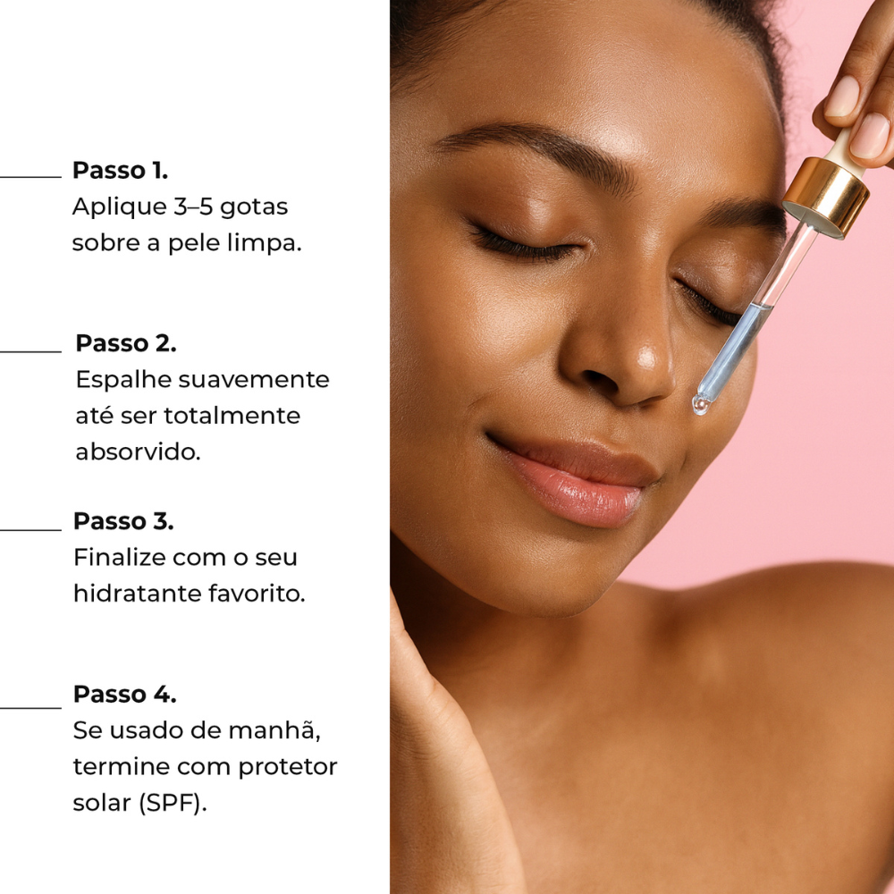 Passo a passo de aplicação do sérum Lumen Drop da LumiSilk: aplicar 3–5 gotas na pele limpa, espalhar suavemente, hidratar e finalizar com protetor solar pela manhã.