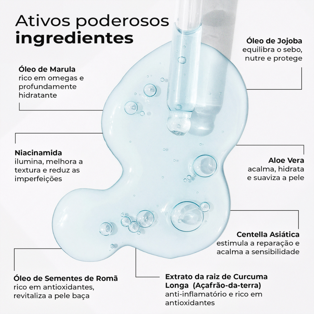 Ingredientes do Lumen Drop da LumiSilk: niacinamida, óleo de marula, jojoba, aloe vera, sementes de romã, centella asiática e cúrcuma. Ativos poderosos para combater manchas, hidratar e uniformizar a pele
