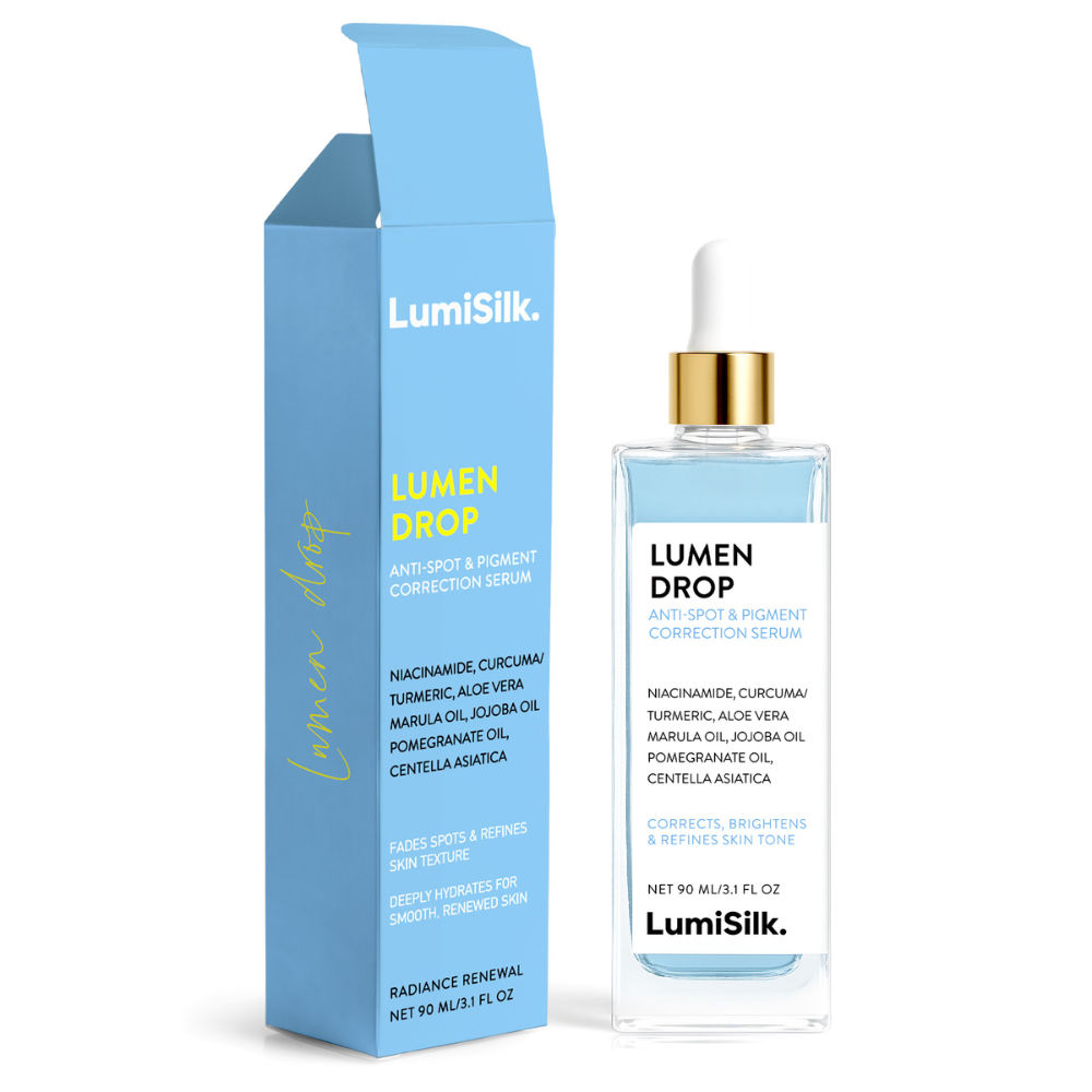 Imagem principal do Lumen Drop da LumiSilk com embalagem e frasco conta-gotas. Sérum antimanchas e corretor de pigmentação com niacinamida, cúrcuma, aloe vera, óleo de marula e jojoba. Frasco de 90 ml.
