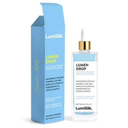 Imagem principal do Lumen Drop da LumiSilk com embalagem e frasco conta-gotas. Sérum antimanchas e corretor de pigmentação com niacinamida, cúrcuma, aloe vera, óleo de marula e jojoba. Frasco de 90 ml.