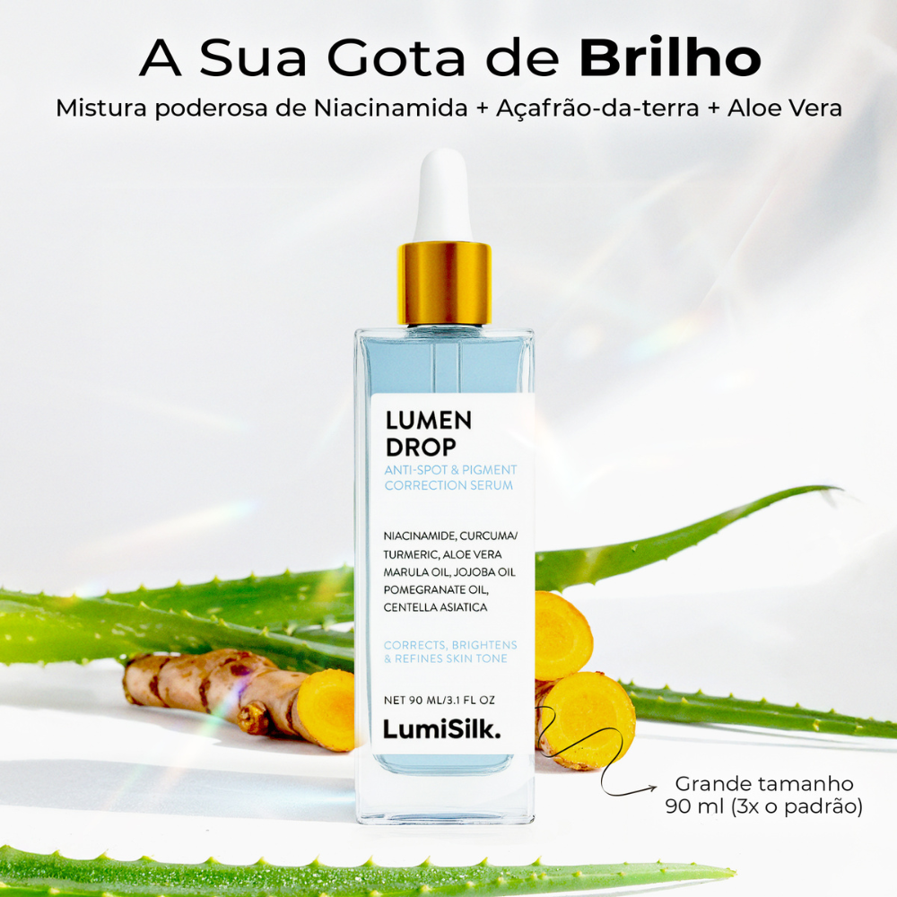 Imagem do Lumen Drop da LumiSilk – Sérum antimanchas e corretor de pigmentação com niacinamida, açafrão-da-terra, aloé vera e óleos botânicos. Grande tamanho de 90 ml. A sua gota de brilho para uma pele uniforme e luminosa