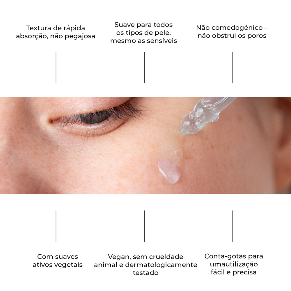 Aplicação do Lumen Drop da LumiSilk no rosto. Textura leve e de rápida absorção, adequada para todos os tipos de pele. Fórmula não comedogênica, vegana, com ativos vegetais e conta-gotas preciso.