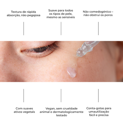 Aplicação do Lumen Drop da LumiSilk no rosto. Textura leve e de rápida absorção, adequada para todos os tipos de pele. Fórmula não comedogênica, vegana, com ativos vegetais e conta-gotas preciso.